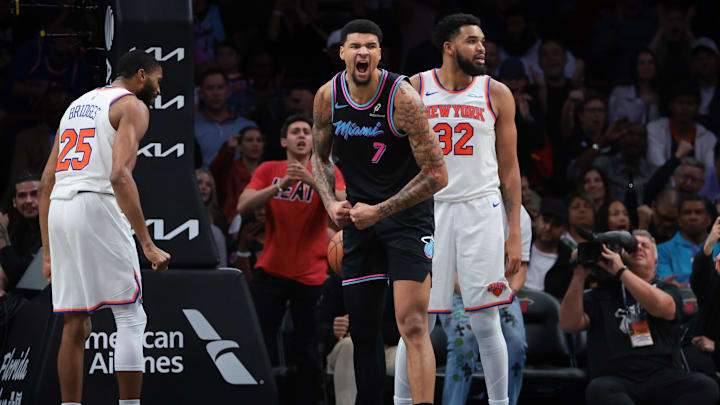 Nov 17, 2025; Miami, Florida, USA; Miami Heat center Kel'el Ware (7) reacts after scoring against the New York Knicks during the fourth quarter at Kaseya Center. Mandatory Credit: Sam Navarro-Imagn Images