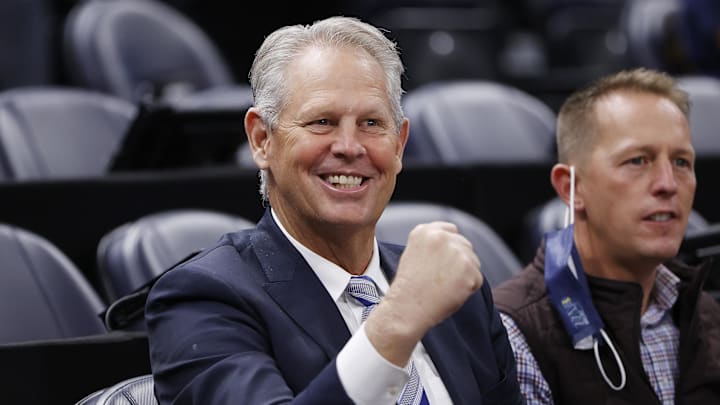 Dec 15, 2021; Salt Lake City, Utah, USA;  Danny Ainge watches pregame activities after he was Appointed Alternate Governor and CEO of Utah Jazz Basketball prior to their game against the LA Clippers at Vivint Arena. Mandatory Credit: Jeffrey Swinger-Imagn Images