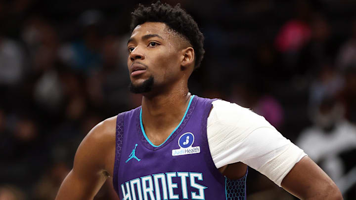 Feb 22, 2026; Washington, District of Columbia, USA; Charlotte Hornets forward Brandon Miller (24) looks on during the first half against the Washington Wizards at Capital One Arena. Mandatory Credit: Daniel Kucin Jr.-Imagn Images