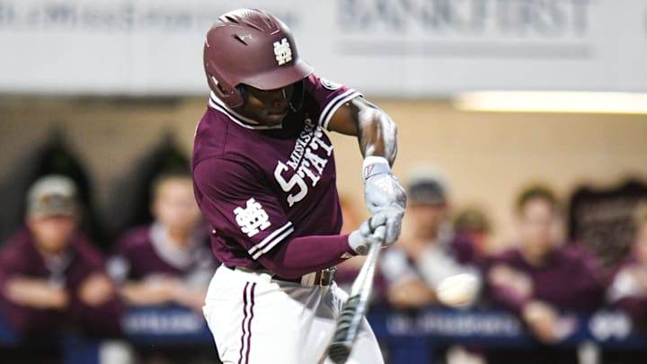 Mississippi State outfielder Dakota Jordan (42) singles against Ole Miss at Swayze Field in Oxford, Miss., on Friday, Apr. 12, 2024.