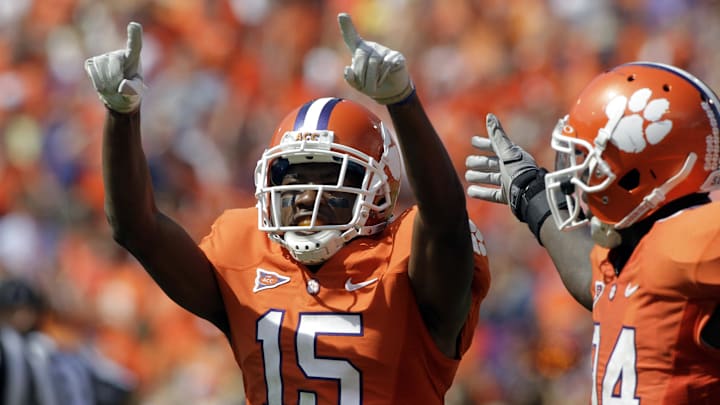 Sep 17, 2011; Clemson, SC, USA; Clemson Tigers cornerback Coty Sensabaugh (15) celebrates with linebacker Quandon Christian after intercepting an Auburn Tigers pass in the fourth quarter. Clemson beat the Auburn 38-24 at Memorial Stadium. Sep 17, 2011; Clemson, SC, USA; Clemson Tigers cornerback Coty Sensabaugh (15) celebrates with linebacker Quandon Christian after intercepting an Auburn Tigers pass in the fourth quarter. Clemson beat the Auburn 38-24 at Memorial Stadium.