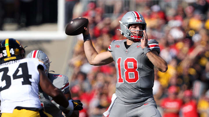 Oct 5, 2024; Columbus, Ohio, USA; Ohio State Buckeyes quarterback Will Howard (18) drops to throw against the Iowa Hawkeyes during the first quarter at Ohio Stadium. Mandatory Credit: Joseph Maiorana-Imagn Images
