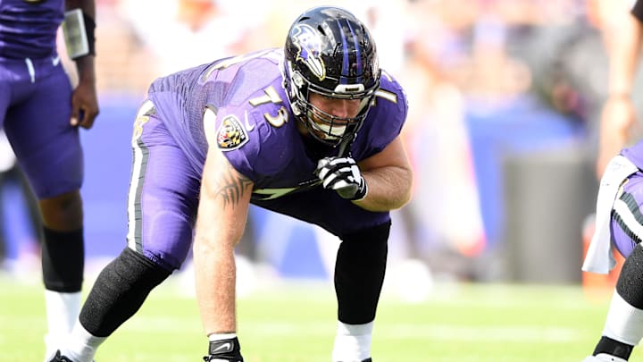 Sep 29, 2019; Baltimore, MD, USA;  Baltimore Ravens offensive guard Marshal Yanda (73) looks on during a football game against the Cleveland Browns in the second quarter at M&T Bank Stadium. Mandatory Credit: Mitchell Layton-Imagn Images