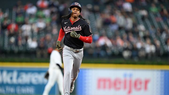 Sep 22, 2026; Detroit, Michigan, USA;  Washington Nationals second baseman CJ Abrams (5) circles the bases after hitting a solo home run against the Detroit Tigers in the second inning at Comerica Park.  Mandatory Credit: Lon Horwedel-Imagn Images