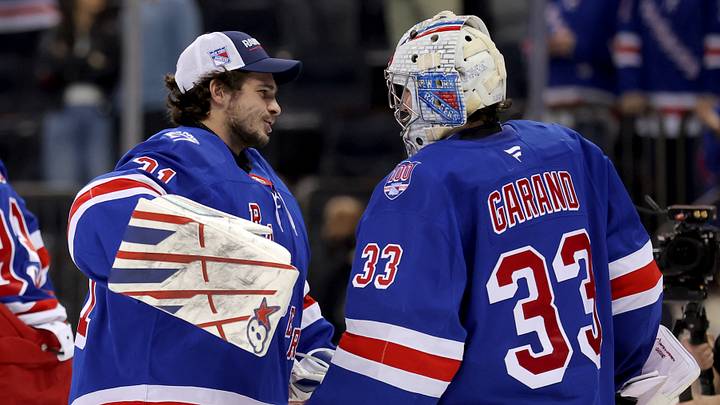 Mar 27, 2026; New York, New York, USA; New York Rangers goaltender Dylan Garand (33) is congratulated by goaltender Igor Shesterkin (31) after his first career NHL win against the Chicago Blackhawks at Madison Square Garden. Mandatory Credit: Brad Penner-Imagn Images