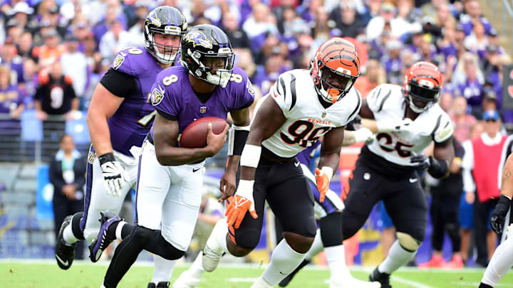 Oct 24, 2021; Baltimore, Maryland, USA; Baltimore Ravens quarterback Lamar Jackson (8) runs with the