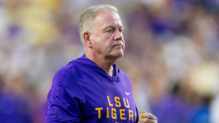 Oct 11, 2025; Baton Rouge, Louisiana, USA; LSU Tigers head coach Brian Kelly looks on against the South Carolina Gamecocks during the first half at Tiger Stadium. Mandatory Credit: Stephen Lew-Imagn Images Oct 11, 2025; Baton Rouge, Louisiana, USA; LSU Tigers head coach Brian Kelly looks on against the South Carolina Gamecocks during the first half at Tiger Stadium. Mandatory Credit: Stephen Lew-Imagn Images