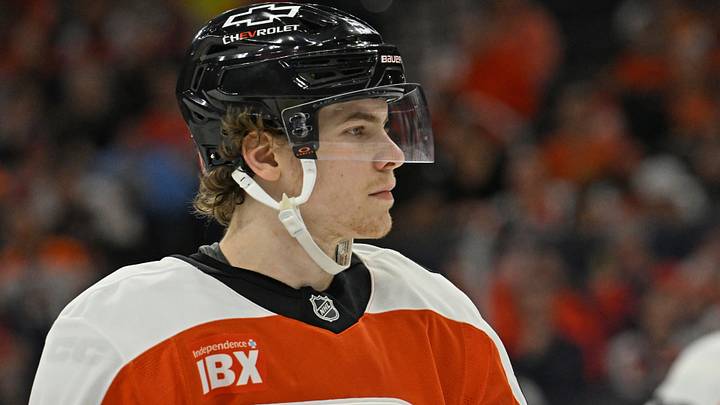 Apr 14, 2026; Philadelphia, Pennsylvania, USA; Philadelphia Flyers defenseman Oliver Bonk (59) against the Montreal Canadiens at Xfinity Mobile Arena.
