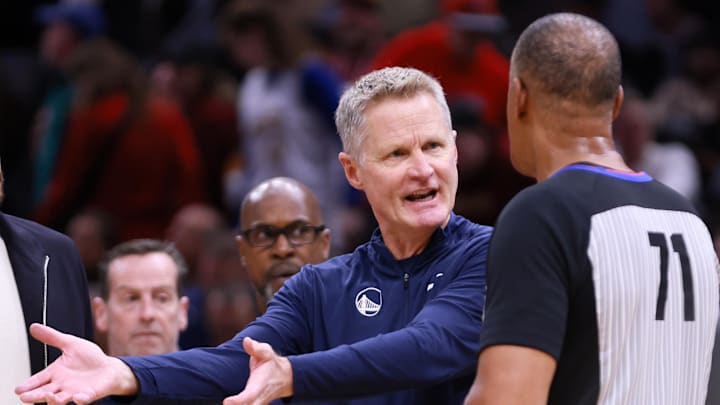 Nov 5, 2023; Cleveland, Ohio, USA; Golden State Warriors head coach Steve Kerr talks with official