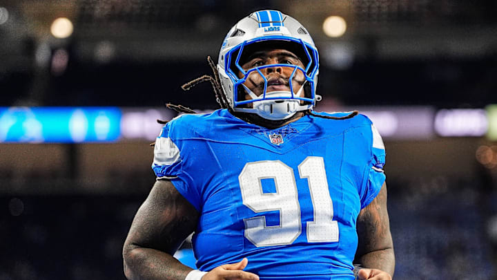 Detroit Lions defensive tackle Tyleik Williams (91) warms up ahead of the Houston Texans game at Ford Field in Detroit on Saturday, August 23, 2025.
