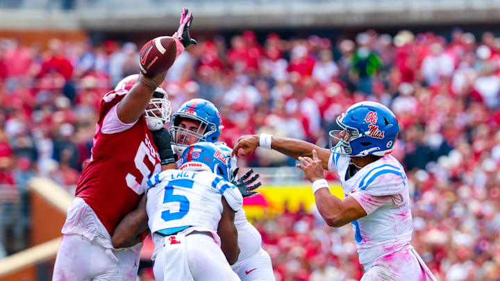 Oct 25, 2025; Norman, Oklahoma, USA;  Oklahoma Sooners defensive lineman Gracen Halton (56) bats down a pass thrown by Ole Miss Rebels linebacker TJ Dottery (6) during the second half at Gaylord Family-Oklahoma Memorial Stadium. Mandatory Credit: Kevin Jairaj-Imagn Images