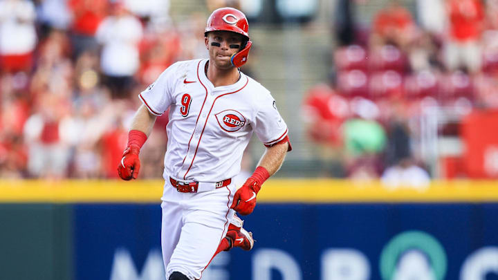 Jul 8, 2025; Cincinnati, Ohio, USA; Cincinnati Reds second baseman Matt McLain (9) runs the bases after hitting a solo home run in the first inning against the Miami Marlins at Great American Ball Park. Mandatory Credit: Katie Stratman-Imagn Images