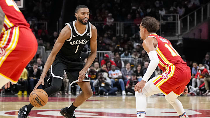 Dec 6, 2023; Atlanta, Georgia, USA; Brooklyn Nets forward Mikal Bridges (1) dribbles against Atlanta