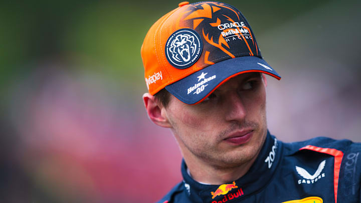 Pole position qualifier Max Verstappen of the Netherlands and Oracle Red Bull Racing looks on in parc ferme during qualifying ahead of the F1 Grand Prix of Belgium at Circuit de Spa-Francorchamps on July 27, 2024 in Spa, Belgium.
