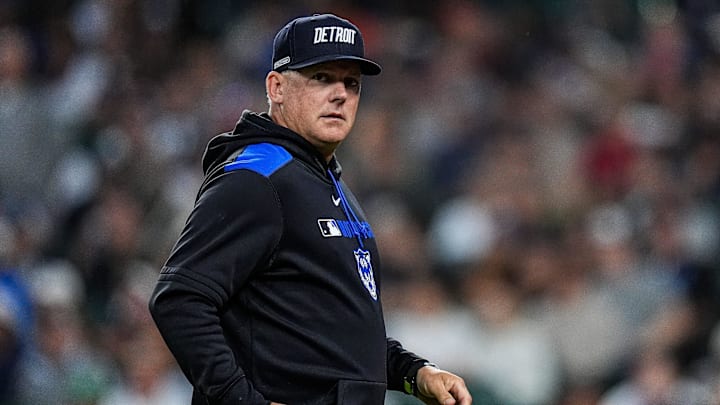 Detroit Tigers manager A.J. Hinch (14) walks off the field after a pitching change during the fifth nning against Chicago White Sox at Comerica Park in Detroit on Friday, September 5, 2025.