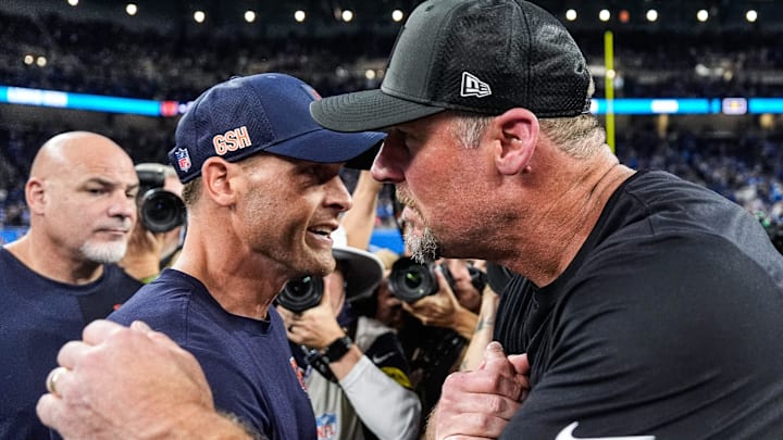 Detroit Lions head coach Dan Campbell, right, shakes hands with Chicago Bears head coach Ben Johnson after 52-21 win over the Bears at Ford Field in Detroit on Sunday, Sept. 14, 2025.