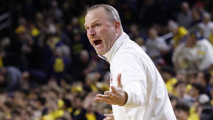 Jan 20, 2026; Ann Arbor, Michigan, USA;  Indiana Hoosiers head coach Darian Devries reacts in the first half against the Michigan Wolverines at Crisler Center. Mandatory Credit: Rick Osentoski-Imagn Images