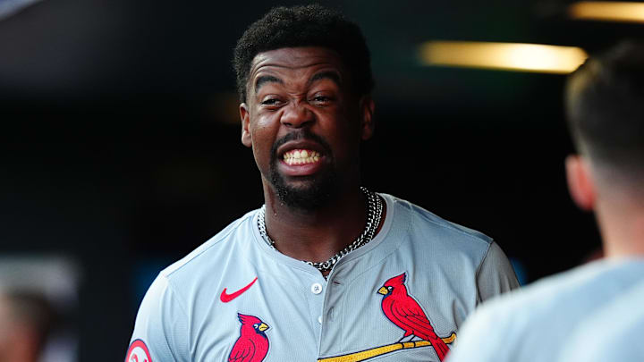 Sep 25, 2024; Denver, Colorado, USA; St. Louis Cardinals outfielder Jordan Walker (18) reacts in the dug out before the game against the Colorado Rockies at Coors Field. Mandatory Credit: Ron Chenoy-Imagn Images
