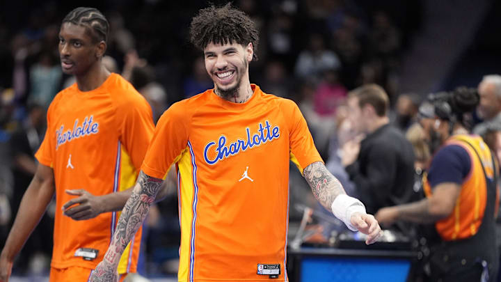 Dec 31, 2025; Charlotte, North Carolina, USA; Charlotte Hornets guard Lamelo Ball (1) during the first quarter against the Golden State Warriors at Spectrum Center. Mandatory Credit: Jim Dedmon-Imagn Images