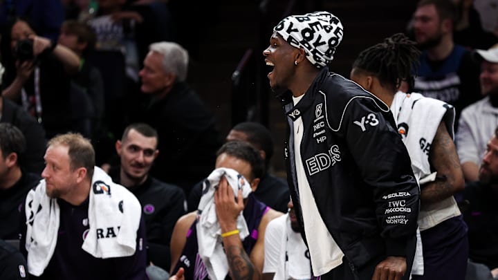 Mar 28, 2026; Minneapolis, Minnesota, USA; Minnesota Timberwolves guard Anthony Edwards (5) reacts during the first half against the Detroit Pistons at Target Center.