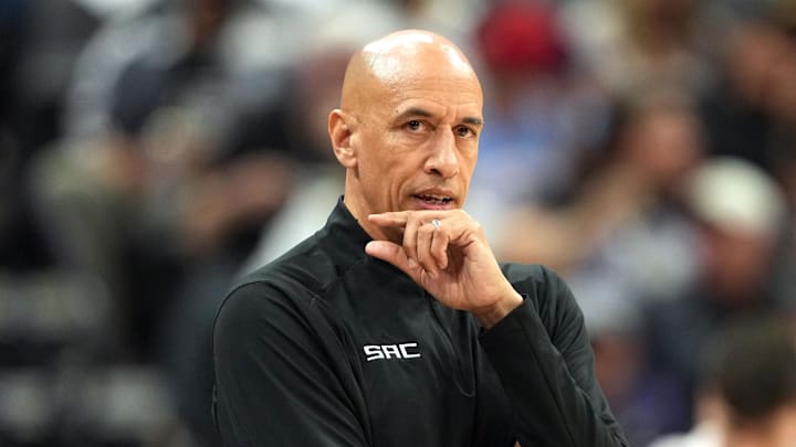 Apr 11, 2025; Sacramento, California, USA; Sacramento Kings interim head coach Doug Christie during the first quarter against the Los Angeles Clippers at Golden 1 Center. Mandatory Credit: Darren Yamashita-Imagn Images