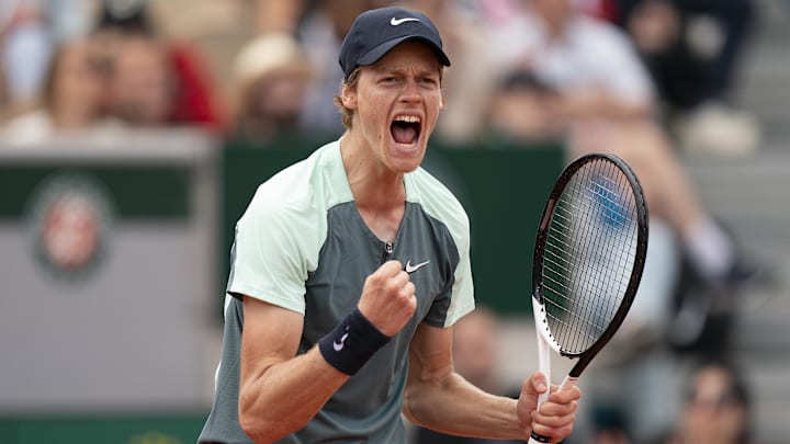 May 28, 2022; Paris, France; Jannik Sinner (ITA) reacts to winning the second set during his match