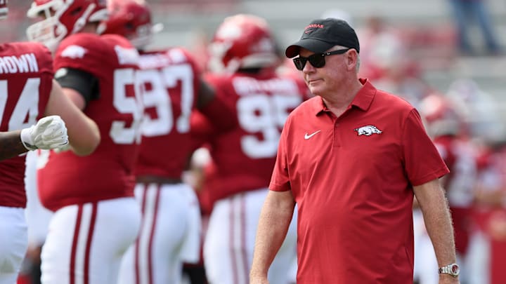 Sep 14, 2024; Fayetteville, Arkansas, USA; Arkansas Razorbacks offensive coordinator prior to the game against the UAB Blazers at Donald W. Reynolds Razorback Stadium. Mandatory Credit: Nelson Chenault-Imagn Images