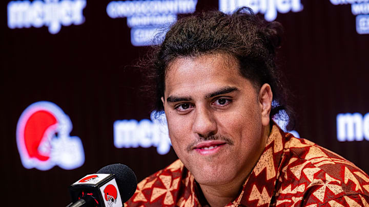 Cleveland Browns first-round draft pick Spencer Fano talks to the media during an introductory press conference.