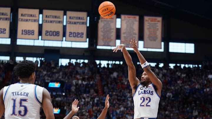 Kansas Jayhawks guard Darryn Peterson (22) fires a three point shot against BYU Cougars during the game inside Allen Fieldhouse on Jan. 31, 2026.