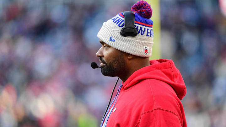 Dec 1, 2024; Foxborough, Massachusetts, USA;  New England Patriots head coach Jerod Mayo during the first half against the Indianapolis Colts at Gillette Stadium. Mandatory Credit: Bob DeChiara-Imagn Images