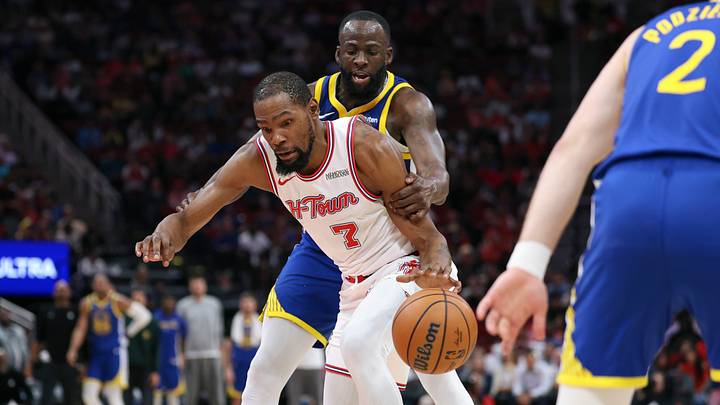 Mar 5, 2026; Houston, Texas, USA; Houston Rockets forward Kevin Durant (7) is fouled by Golden State Warriors forward Draymond Green (23) during overtime at Toyota Center. Mandatory Credit: Troy Taormina-Imagn Images Mar 5, 2026; Houston, Texas, USA; Houston Rockets forward Kevin Durant (7) is fouled by Golden State Warriors forward Draymond Green (23) during overtime at Toyota Center. Mandatory Credit: Troy Taormina-Imagn Images