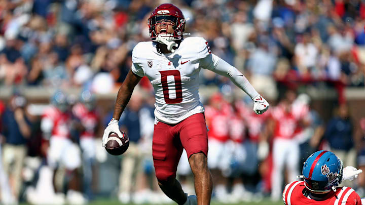 Oct 11, 2025; Oxford, Mississippi, USA; Washington State Cougars wide reciever Tony Freeman (0) reacts after a catch during the third quarter against the Mississippi Rebels at Vaught-Hemingway Stadium. Mandatory Credit: Petre Thomas-Imagn Images