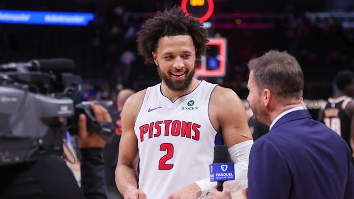Nov 18, 2025; Atlanta, Georgia, USA; Detroit Pistons guard Cade Cunningham (2) does an interview after a victory over the Atlanta Hawks at State Farm Arena. Mandatory Credit: Brett Davis-Imagn Images