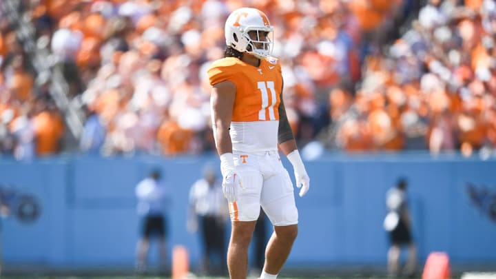 Tennessee linebacker Keenan Pili (11) is seen on the field during a game between Tennessee and Virginia in Nissan Stadium in Nashville, Tenn., Saturday, Sept. 2, 2023.