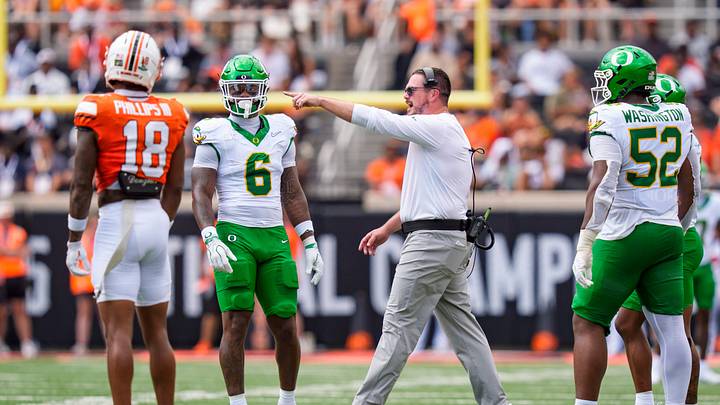 Oregon head coach Dan Lanning walks on the field as the Oregon Ducks face the Oklahoma State Cowboys on Sept. 12, 2026, at Boone Pickens Stadium in Stillwater, Oklahoma.