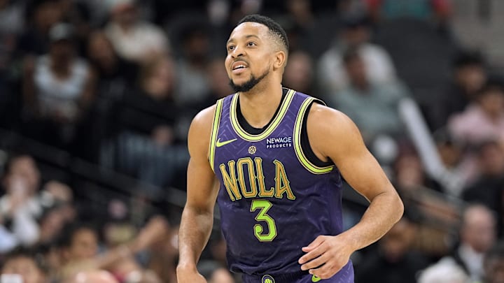 Mar 15, 2025; San Antonio, Texas, USA; New Orleans Pelicans guard CJ McCollum (3) reacts after scoring a basket during the second half against the San Antonio Spurs at Frost Bank Center. Mandatory Credit: Scott Wachter-Imagn Images