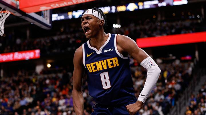 Nov 26, 2023; Denver, Colorado, USA; Denver Nuggets forward Peyton Watson (8) reacts after a play in the fourth quarter against the San Antonio Spurs at Ball Arena. Nov 26, 2023; Denver, Colorado, USA; Denver Nuggets forward Peyton Watson (8) reacts after a play in the fourth quarter against the San Antonio Spurs at Ball Arena.