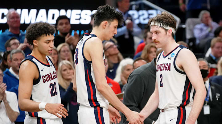 Mar 24, 2022; San Francisco, CA, USA; Gonzaga Bulldogs forward Drew Timme (2) and center Chet Holmgren (34) react after their loss to the Arkansas Razorbacks in the semifinals of the West regional of the men's college basketball NCAA Tournament.