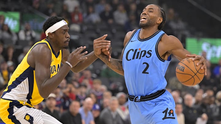 Feb 6, 2025; Inglewood, California, USA; Los Angeles Clippers forward Kawhi Leonard (2) is defended by Indiana Pacers forward Pascal Siakam (43) as he drives to the basket in the first half at Intuit Dome. Mandatory Credit: Jayne Kamin-Oncea-Imagn Images