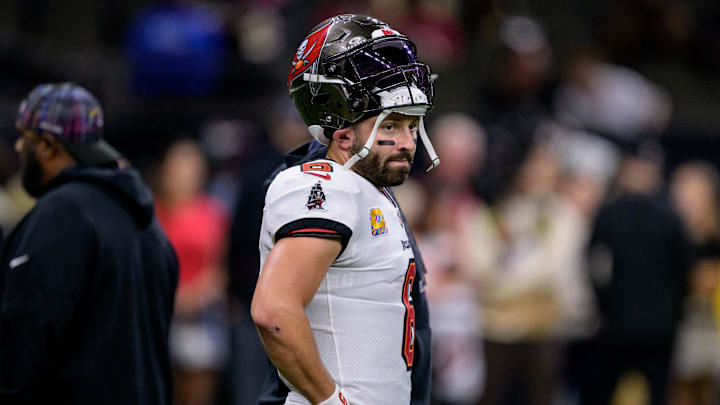 Tampa Bay Buccaneers quarterback Baker Mayfield warms up before a game against the New Orleans Saints.