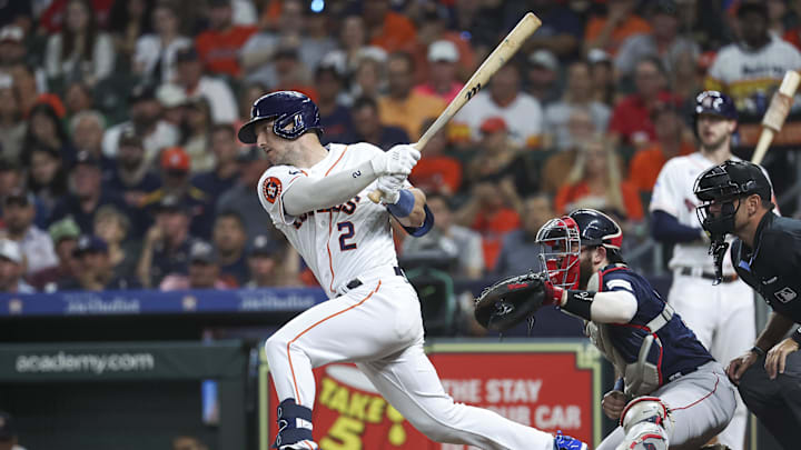 Aug 22, 2023; Houston, Texas, USA; Houston Astros third baseman Alex Bregman (2) bats during the second inning against the Boston Red Sox at Minute Maid Park. Mandatory Credit: Troy Taormina-Imagn Images Aug 22, 2023; Houston, Texas, USA; Houston Astros third baseman Alex Bregman (2) bats during the second inning against the Boston Red Sox at Minute Maid Park. Mandatory Credit: Troy Taormina-Imagn Images