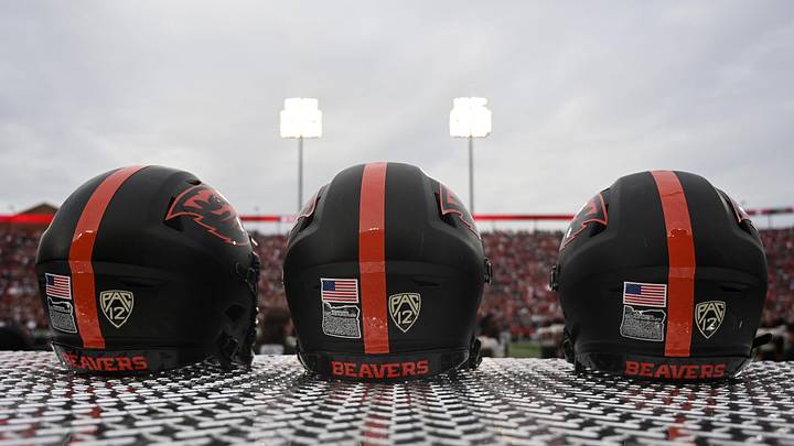 Sep 23, 2023; Pullman, Washington, USA; Oregon State Beavers helmets sit during a game against the Washington State Cougars in the first half at Gesa Field at Martin Stadium. Mandatory Credit: James Snook-Imagn Images Sep 23, 2023; Pullman, Washington, USA; Oregon State Beavers helmets sit during a game against the Washington State Cougars in the first half at Gesa Field at Martin Stadium. Mandatory Credit: James Snook-Imagn Images