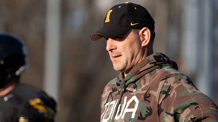 Iowa offensive coordinator Tim Lester watches the quartbacks run drills during practice April 9, 2026 in Iowa City, Iowa.