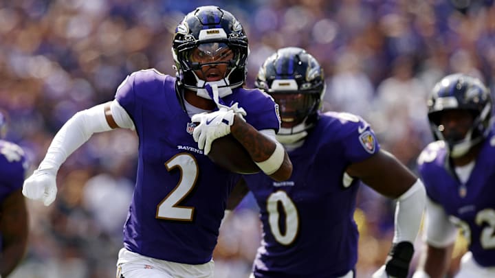 Sep 14, 2025; Baltimore, Maryland, USA; Baltimore Ravens cornerback Nate Wiggins (2) returns an interception during the second half against the Cleveland Browns at M&T Bank Stadium. Mandatory Credit: Peter Casey-Imagn Images