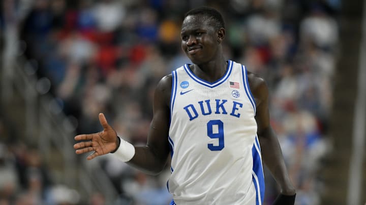 Mar 21, 2025; Raleigh, NC, USA; Duke Blue Devils center Khaman Maluach (9) celebrates during the first half against the Mount St. Mary's Mountaineers in the first round of the NCAA Tournament at Lenovo Center. Mandatory Credit: Zachary Taft-Imagn Images