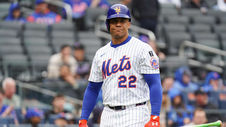 May 28, 2025; New York, New York, USA; New York Mets right fielder Juan Soto (22) reacts after striking out during the game against the Chicago White Sox at Citi Field. Mandatory Credit: Lucas Boland-Imagn Images May 28, 2025; New York, New York, USA; New York Mets right fielder Juan Soto (22) reacts after striking out during the game against the Chicago White Sox at Citi Field. Mandatory Credit: Lucas Boland-Imagn Images