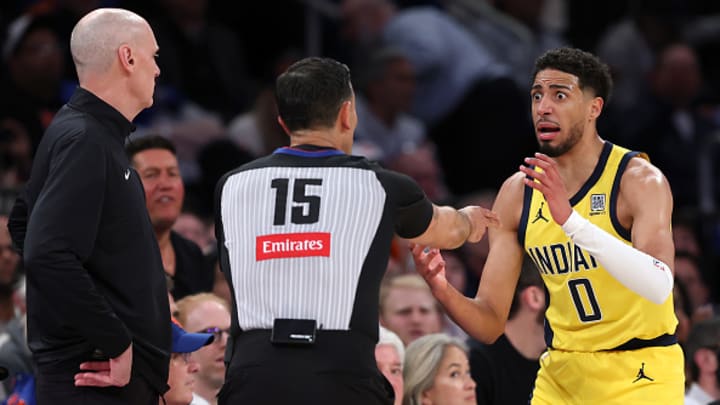 Tyrese Haliburton reacts to a call during Game 1 of the Eastern Conference Finals. 