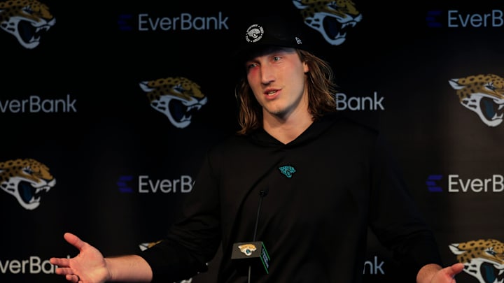 Jacksonville Jaguars quarterback Trevor Lawrence speaks to the media at OTAs.