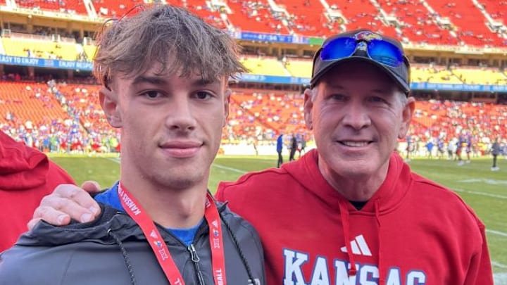 Nate Sims with Kansas head coach Lance Leipold. Sims committed to the Jayhawks Wednesday night.