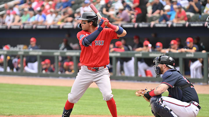 Feb 27, 2026; North Port, Florida, USA; Boston Red Sox second baseman Marcelo Mayer (11) bats in the second inning against the Atlanta Braves during spring training at CoolToday Park. Mandatory Credit: Jonathan Dyer-Imagn Images